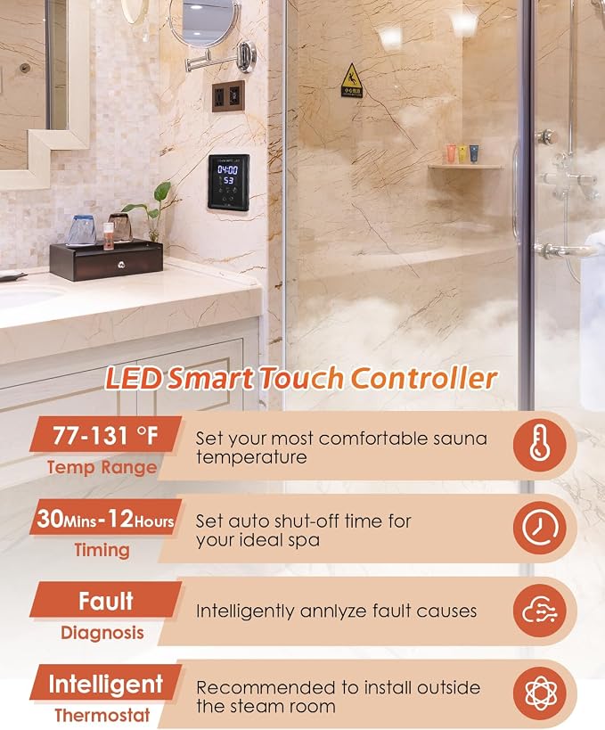 Steam Shower Generator Kit 3KW for Bath Sauna SPA, Self-draining System, Aromatherapy Steam Head, LED Waterproof Controller, 12-Hour Timer 77-131℉ For Home Commercial Use