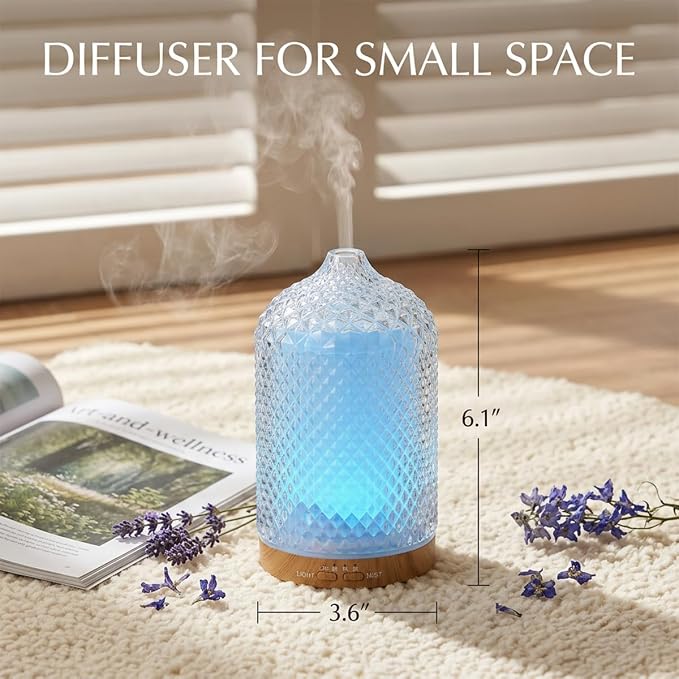 Diffuser with 3 Essential Oils,Glass Aroma Diffusers,200ml Small Humidifier for Bedroom with Timer,7 LED Color Lights,Auto Shut-Off Waterless Function for Office Home Room Decor Gifts for Women
