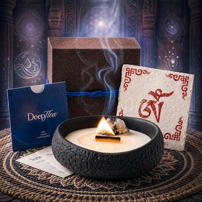 DEEP FLOW Luxury Crystal Ritual Candle - Inner Light with Black & White Moonstone, Clean Herbal Woody Scented Soy Wax for Meditation & Spiritual Clarity (Soul Awakening)