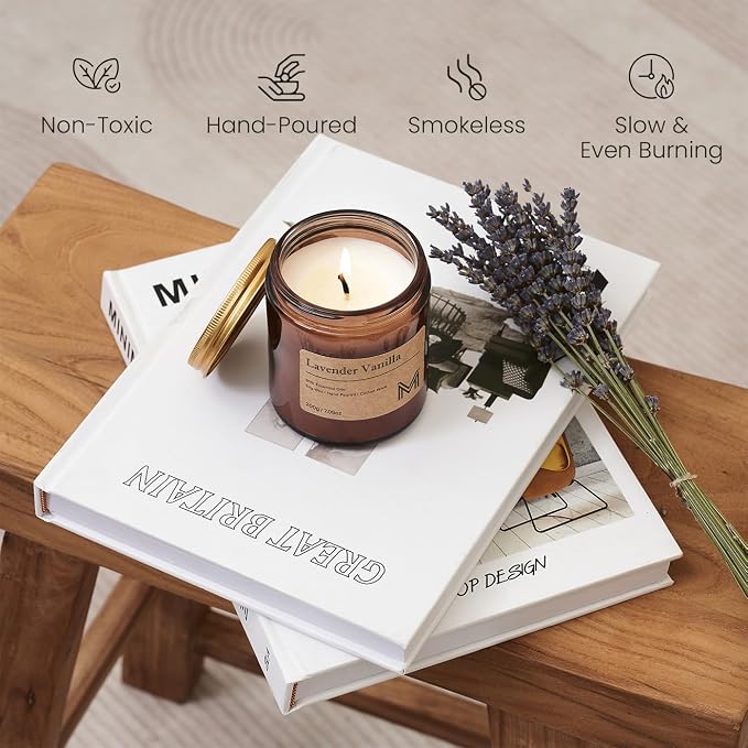 M&SENSE Lavender Vanilla Scented Small Candle, 7.5Oz Aromatherapy Candle for Home Fragrance, Soy Wax Candles Gift for Birthday, Housewarming, Amber Jar Candle for Stress Relief, Meditation, Yoga