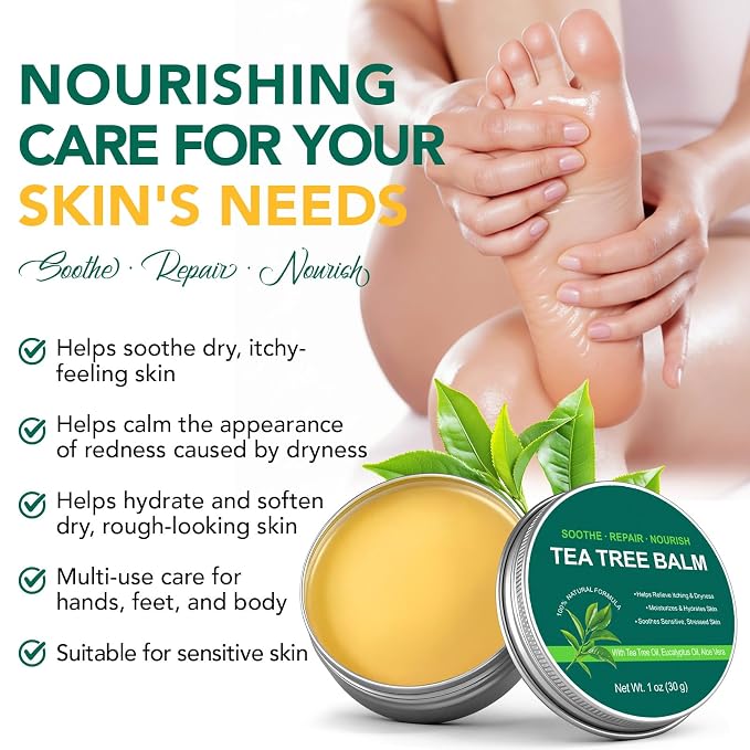 Tea Tree Oil Balm,Tea Tree Oil for Skin,Dry Itchy Skin & Rash Relief, Athlete’s Foot & Dry Feet Itching, Jock Itch, Chafing, Bug Bites,Natural Formula,Effective & Safe for All Ages