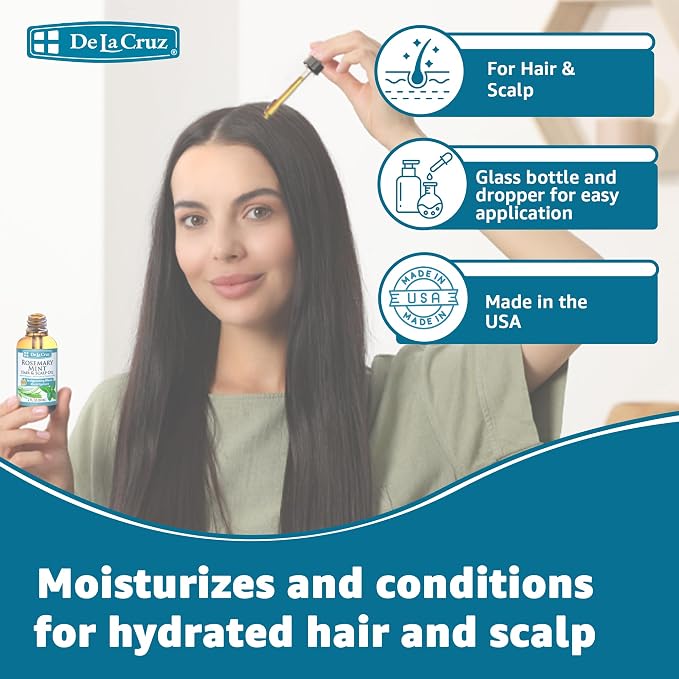 De La Cruz Rosemary Mint Oil Blend for Hair & Scalp - Revitalizing Blend with Castor, Avocado and Olive Oil - Naturally Moisturizing Rosemary Hair Oil - 2 FL OZ