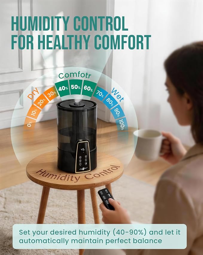 YOKEKON Humidifiers for Bedroom,1.06Gal(4L) Dishwasher Safe Design Easy to Clean,Top Fill,Night Light,Aroma Diffuser,Humidity Control,12H Timer,Sleep Mode,3 Level Mist,360° Nozzle,Home,Nursery,Black
