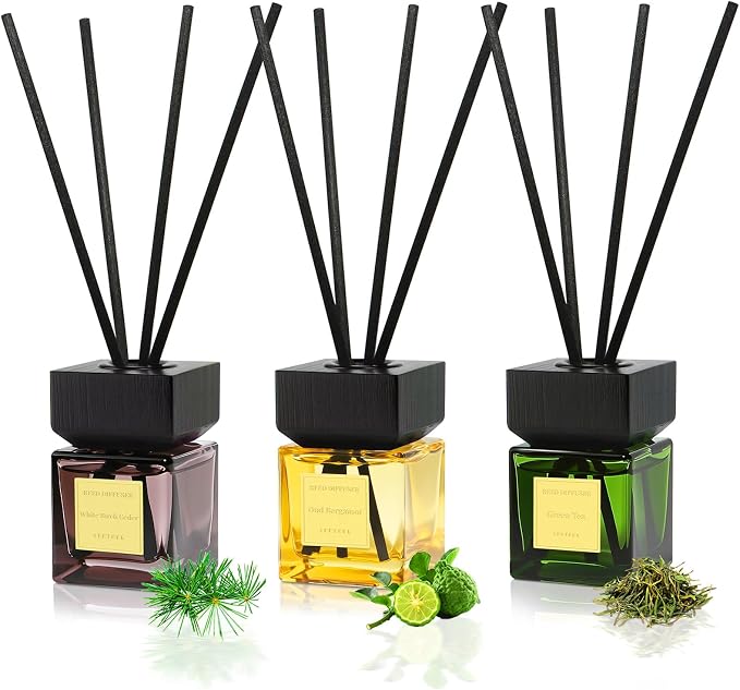 Reed Diffuser Set of 3, White Birch Cedar & Oud Bergamot & Green Tea Tree Essential Oil, 15 Diffuser Sticks, Hotel Collection Bathroom Air Fresheners, 50ml Home Fragrance for Christmas Decor