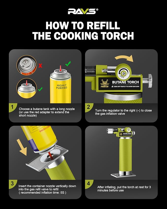 RAVS DUAL Flame Mode Butane Torch Lighter, Refillable Kitchen Torch, Metal Body Creme Brulee Torch for Baking, Cooking, Resin Art with Adjustable Flame, Green Soldering Torch, Butane Gas Not Included