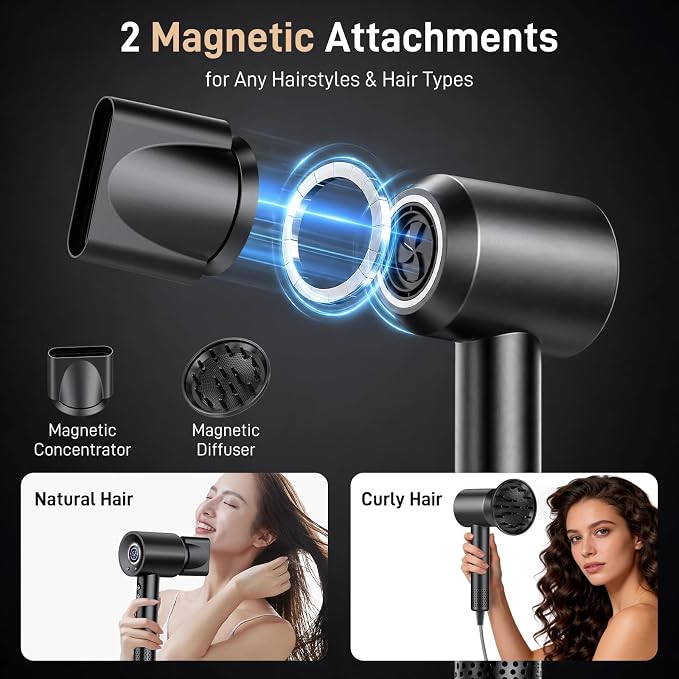 Hair Dryer, 180,000 RPM High-Speed Ionic Blow Dryer with Brushless Motor, 500 Million Negative Ions, LED Display, Low-Noise Professional Hairdryer for Fast Drying, Magnetic Diffuser for Home & Travel