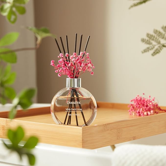 Flower Reed Diffuser Set 5.07oz White Peach & Oolong Scent Diffuser with Sticks Home Fragrance Reed Diffuser for Bathroom Shelf Decor