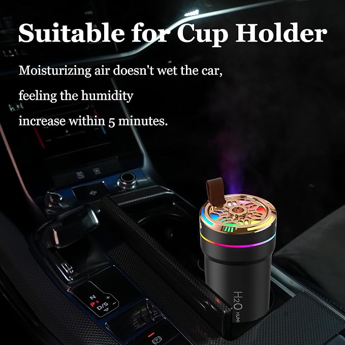Car Diffuser Humidifier with Night Lights Portable 300mL USB Powered Cool Mist Auto Shut-Off Quiet Perfect for Car Home Office Bedroom (Black)