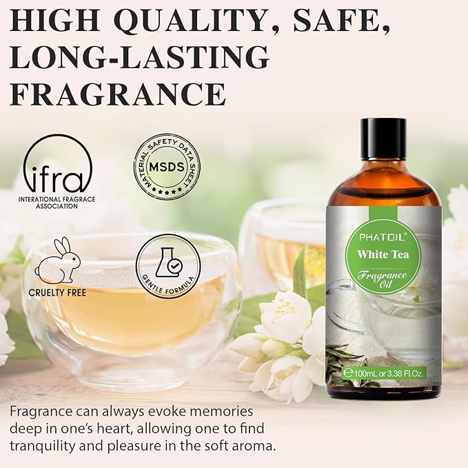 PHATOIL 3.38FL.OZ White Tea Fragrance Oils for Aromatherapy, Essential Oils for Diffusers for Home, Perfect for Diffuser, Yoga, Skin Care, DIY Candle and Soap Making - 100ml
