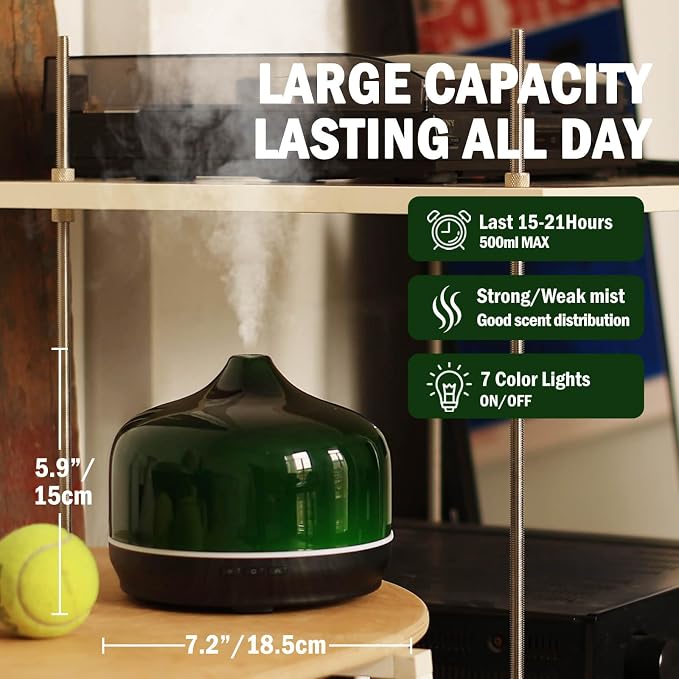 Porseme 500ml Glass Essential Oil Diffuser Aromatherapy Ultrasonic Cool Mist Humidifier 15-21 Running Hours Waterless Auto-Off Air Diffusers for Sleeping Yoga Working Spa(Hulk Green)