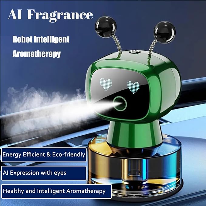 Robot Intelligent Aromatherapy Machine, Smart Cute Robot Car Air Freshener - Fine Spray/Fillable/Four-Gear Adjustment/Vibration Sensing/On-Off/Large Capacity Long-Lasting Fragrance/Green-V2(Gardenia)