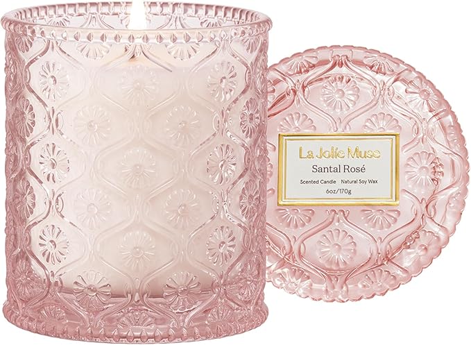 LA JOLIE MUSE Santal Rosé Scented Candles for Home, Natural Soy 40 Hrs | Luxury Pink Jar Candle, Clean Non Toxic Wax, Gifts for Women, Floral Decorative Candles for Candle Warmer, Sandalwood Rose