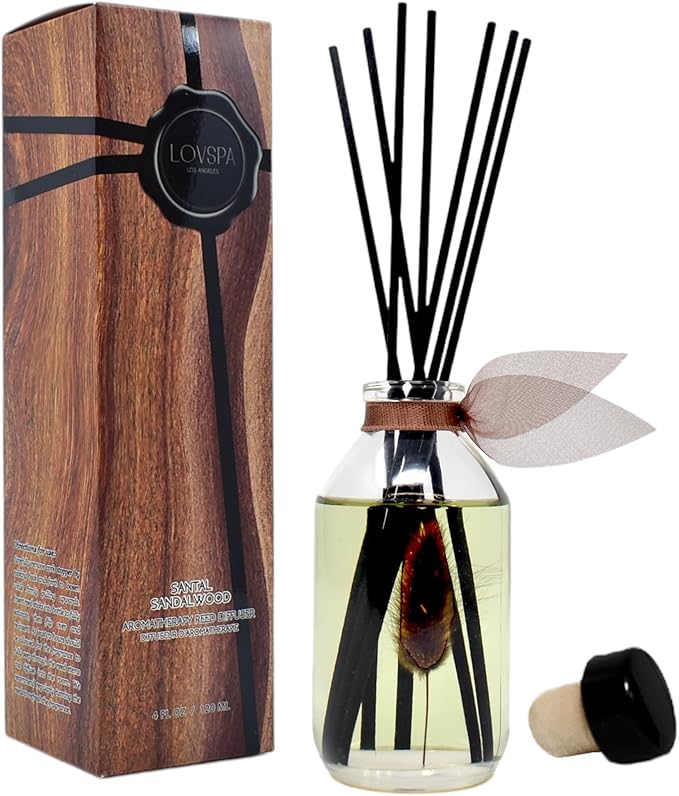Reed Diffuser Set, Santal (Sandalwood) Scented Oil Diffuser with Sticks, Home Fragrance Accessories for Bathroom Shelf Decor, Aroma Diffusers for Home or Office Fall Decor, USA Made