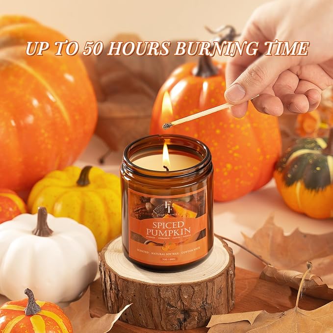 Fall Candle, Spiced Pumpkin Scented Candles for Home, Natural Soy Autumn Candle Aromatherapy Candle, 7 oz Jar Candles Fall Gifts for Women Men