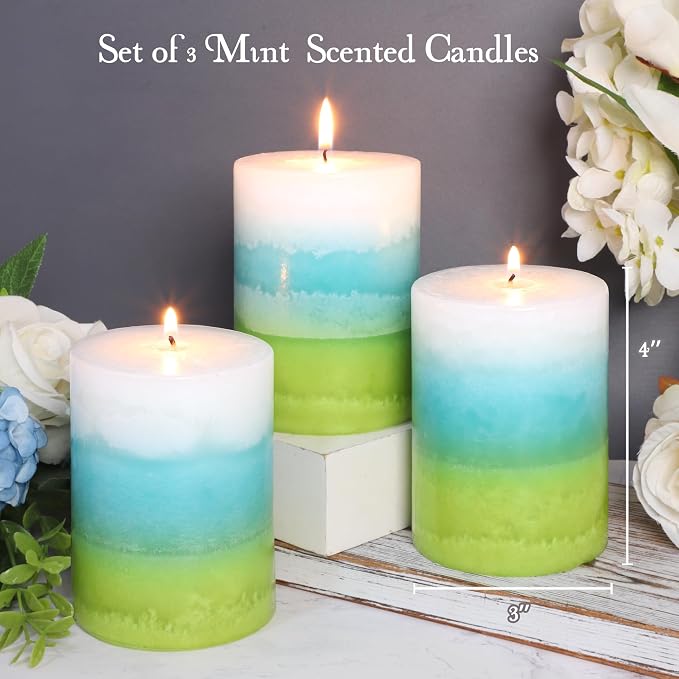 Mint Scented Pillar Candles - 3X4 Inch Aromatherapy Long Burning 35+ Hours, Clean Burning & Smoke-Free for Meditation Spaces, Home Offices