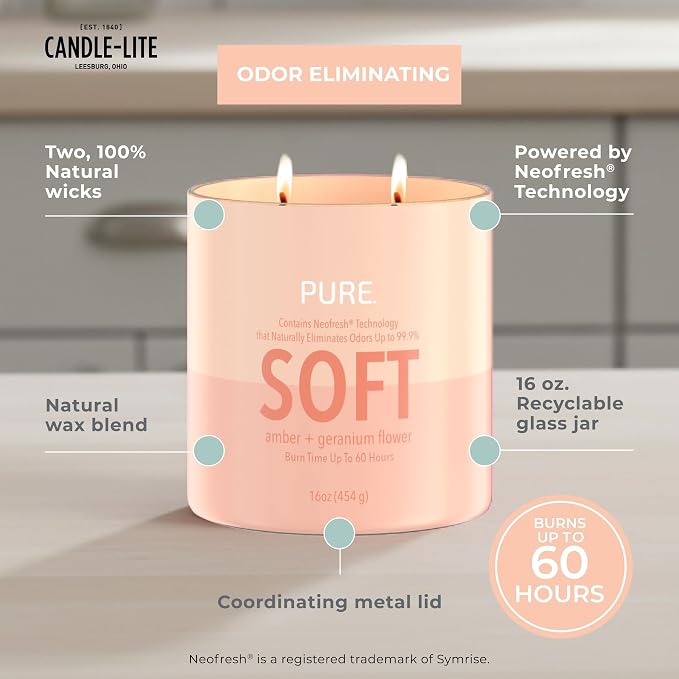 Candle-Lite Pure Amber & Geranium Flower Odor Eliminating Scented Candles, Neofresh Technology Eliminates 99.9% of Odors, 16 oz 2-Wick Jar, Proudly Poured in The USA, Up to 60 Hours Burn Time