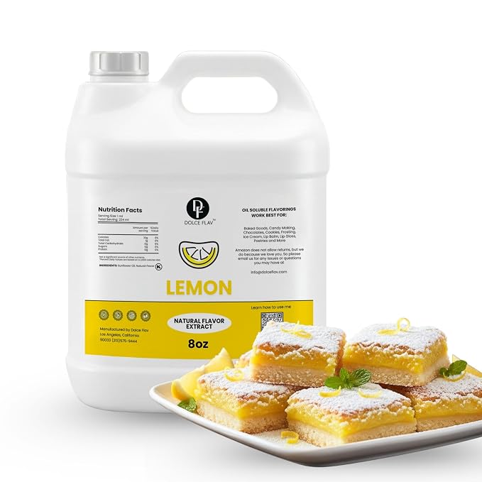 Dolce Flav Natural Lemon Extract – 8 Ounce Oil-Soluble Kosher, Sugar-Free, Concentrated Fresh Citrus Lemon Flavor for Baking, Chocolates & Desserts