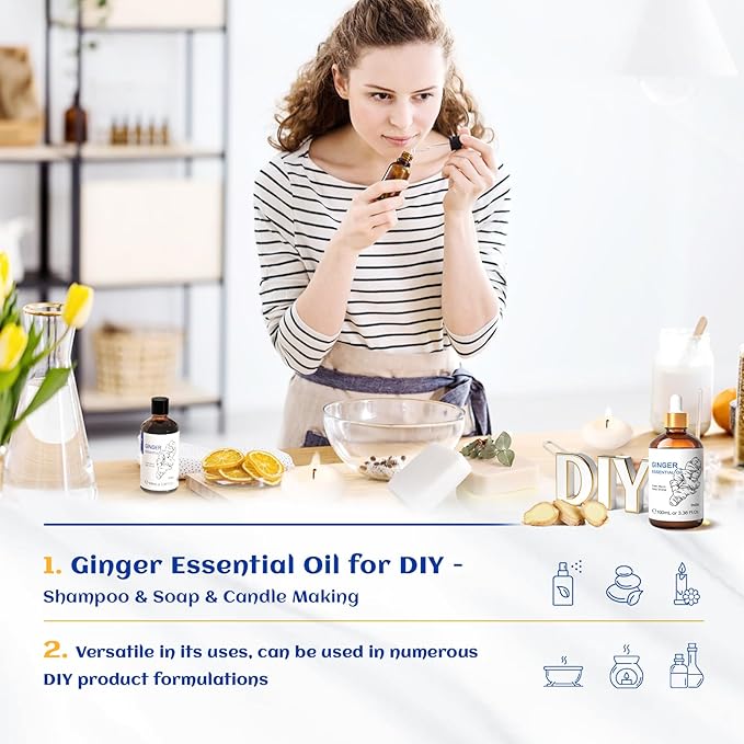 HIQILI Ginger Essential Oil 3.38 Fl Oz, for Massage, Diffuser, Large Bottle with Dropper & Gift Box -100ml