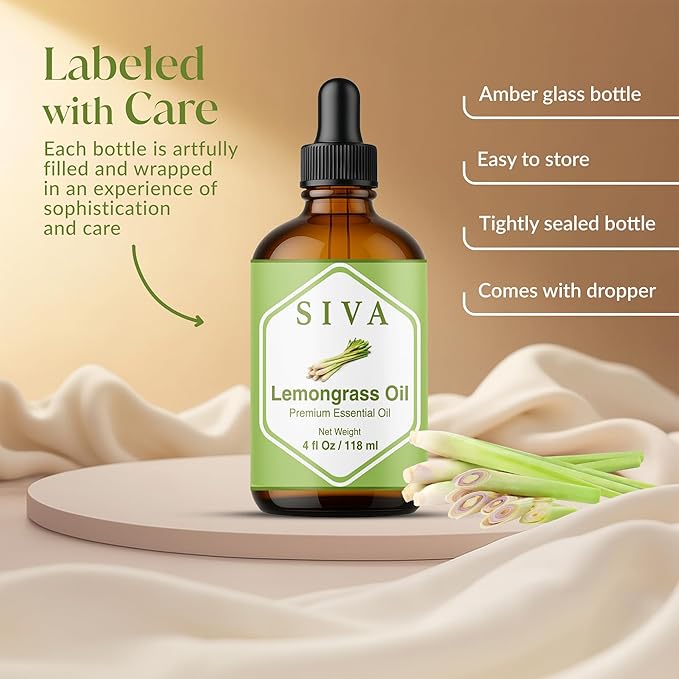 Siva Lemongrass Essential Oil 4 Fl Oz – for Diffuser, Skin & Hair Care – Ideal for Aromatherapy, Massage & DIY Blends- with Dropper
