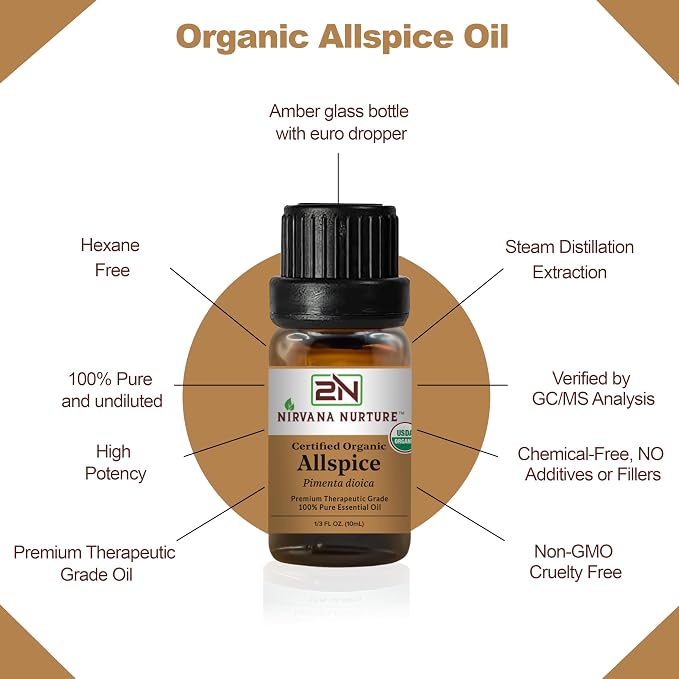 Allspice Essential Oil, USDA Certified Organic, 100% Pure Undiluted, Aromatherapy Oil for Diffuser, Hair & Skin Care