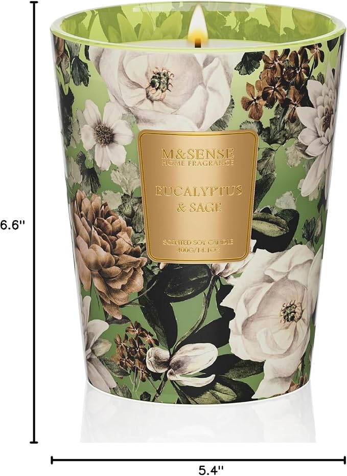 M&SENSE Eucalyptus Sage Soy Candle, 14.1oz 60H Slow Burning, Aromatherapy Candle for Sleep Support Home Fragrance Housewarming Gifts