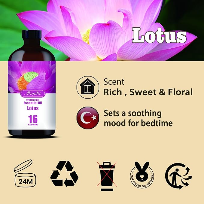 Lotus Essential Oil, Lotus Oil for Meditation, Diffuser, Humidifier, Massage, DIY Candle, Soap, Yoga, Relaxation, Gift Ready,Lotus Fragrance Oil - MLYNKL Essential Oils (16.33 fl oz / 490ml)
