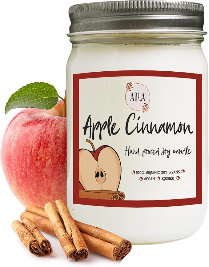 Aira Soy Candle – Apple Cinnamon – 12 oz Mason Jar – Hand-Poured USA – Long-Lasting Vegan Soy Wax Candle – Cozy Fall & Holiday Aromatherapy – Paraffin-Free, Kosher, Cruelty-Free