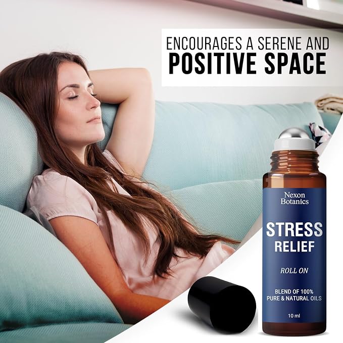 Stress Relief Essential Oil Roll-On 10 ml - Natural Stress Relief Blend with Lavender, Geranium & Frankincense Oils - Prediluted Roller for Calming Aromatherapy - Nexon Botanics