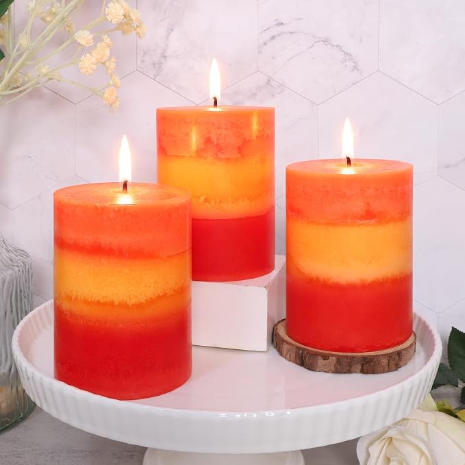 3×4 Inch Orange Pillar Candles, Pumpkin Scented Candles - 35+ Hour Long Lasting Clean Burning, Fall Harvest Celebration Aromatherapy Candles for Thanksgiving Day Dinner Table Décor, Set of 3