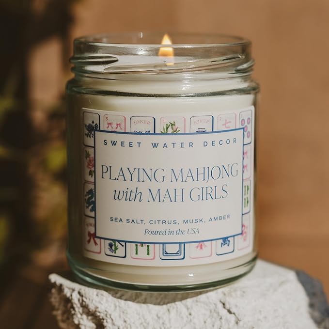 Sweet Water Decor Mahjong Candle, Mahjong Gifts for Women, 9oz Jar with Gold Lid, 40 Hour Burn Time, Non-Toxic Soy Wax Candle Scent Notes of Sea Salt, Citrus, Musk & Amber, Unique Game Night Decor