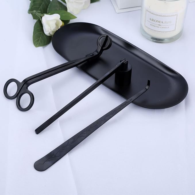 MUXSAM 4 in 1 Candle Accessory Set - Candle Wick Trimmer, Candle Wick Dipper, Candle Wick Snuffer, Storage Tray Plate, Candle Care Tools Gift for Candle Lovers Home Decoration (Black)