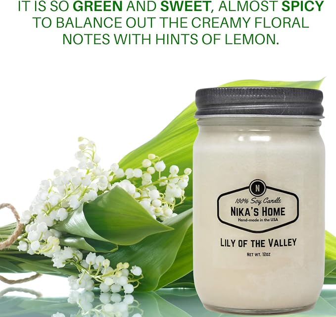 Nika's Home Lily of The Valley Soy Candle - 12oz Mason Jar - Non-Toxic - Hand Poured in The USA, Long Burning 50-60 Hours Highly Scented All Natural, Clean Burning