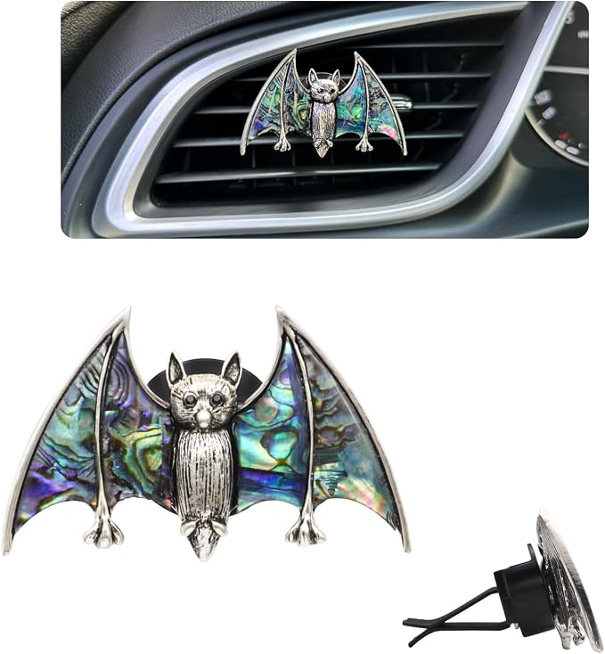 ORIESSE Bat Air Vent Clip Car Air Freshener Outlet Clips Natural Abalone Shell Seashell Color Vampire Bat Car Accessories Gothic Car Decor Refillable Car Diffuser Clips (Medium Bat)