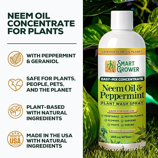 Neem Oil Spray for Plants with Peppermint Oil – for Indoor & Outdoor Plants, Gardens, & Houseplants– Best Value Refill 16 oz Concentrate Makes 2 Gallon RTU