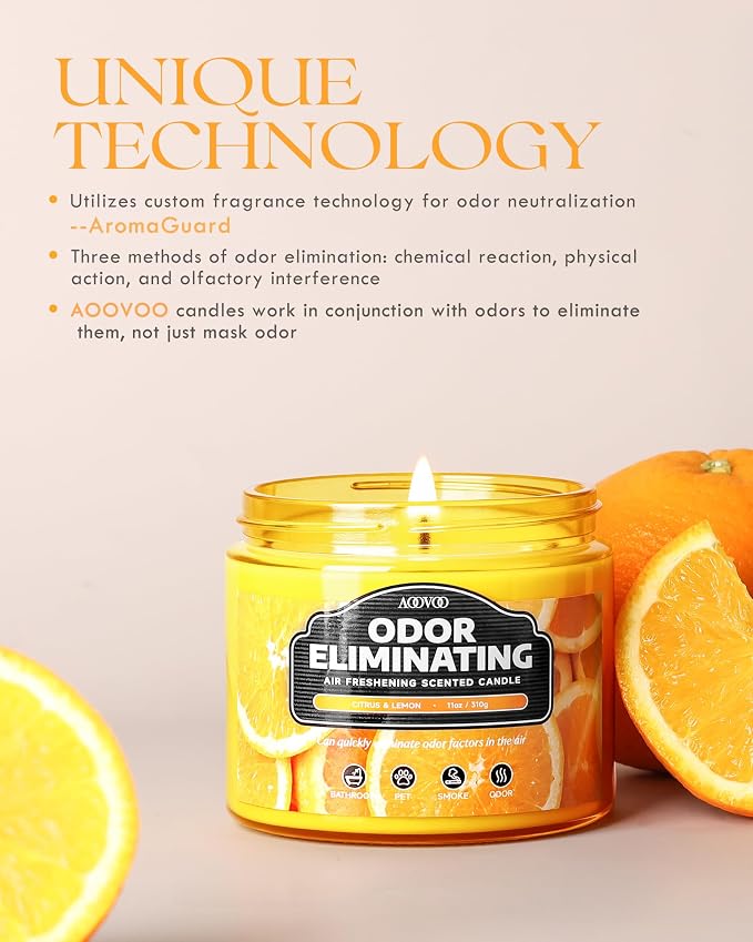 AOOVOO Citrus Lemon 11oz Large Odor Eliminating Highly Fragranced Candle - Eliminates 95% of Smoke, Food, Pet and Other Smells Quickly, Air Freshing Soy Candles, Up to 50 Hours Burn time