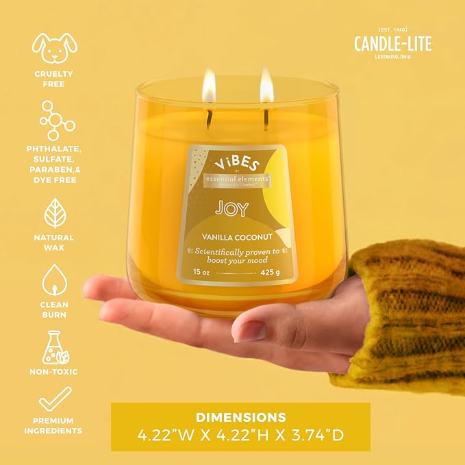Candle-Lite Vibes Vanilla Coconut Mood-Enhancing Scented Candles, 15 oz Jar, Aromatherapy, Proudly Poured in The USA, 2-Wick, 86 Hours Burn Time, Perfect Relaxation Gift