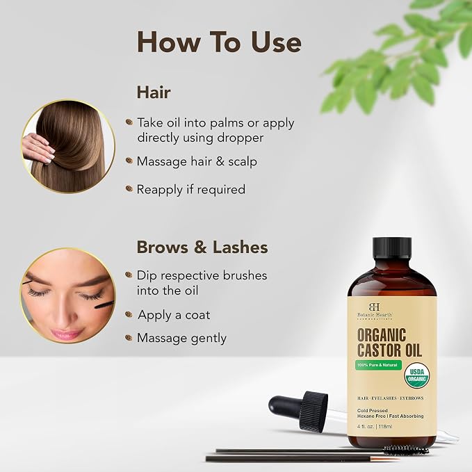 Botanic Hearth Castor Oil & Hair Treatment Oils 4 Fl oz| 100% Pure & Natural, Cold Pressed |For Hair, Eyelashes & Eyebrows | Hexane Free, Fast Absorbing | With Applicators & Dropper | All Hair Types