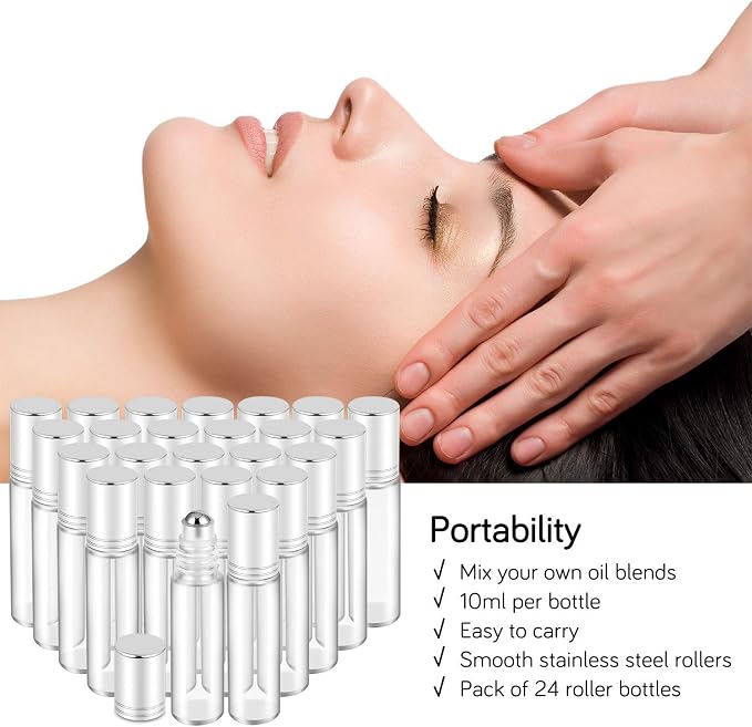 PrettyCare Set of 24, 10 ml Essential Oil Roller Bottles with Stainless Steel Roller Ball - Refillable Leak-proof Empty Thick Clear Glass Roll on Bottles with Silver Metal Caps for Travel, Perfume