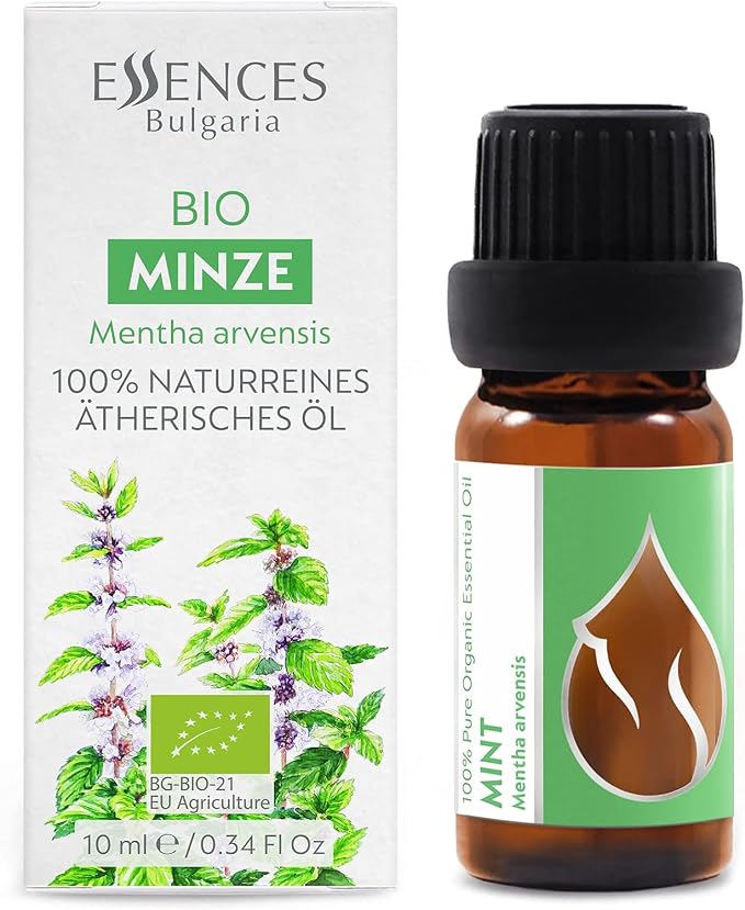 Essences Bulgaria Organic Mint Essential Oil 1/3 Fl Oz | 10ml | Mentha arvensis | 100% Pure and Natural | Undiluted | Therapeutic Grade | Family Owned Farm | Steam-Distilled | Non-GMO | Vegan