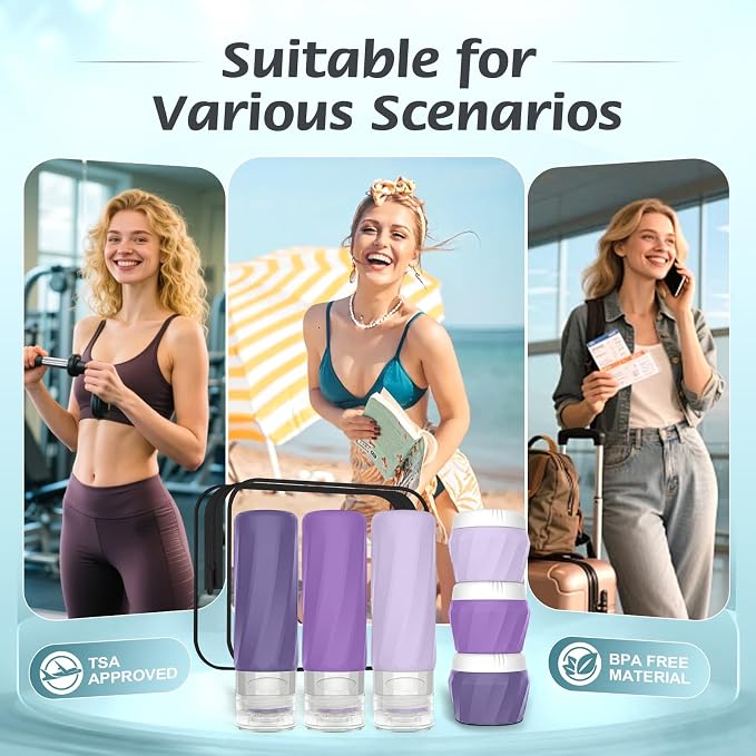 6Pcs Travel Bottles for Toiletries, TSA Approved Travel Size Toiletries Containers Set, BPA-FREE Silicone Leak Proof Refillable Bottles and Jars, Women & Men Airplane Cruise Essentials Kit (PURPLE)
