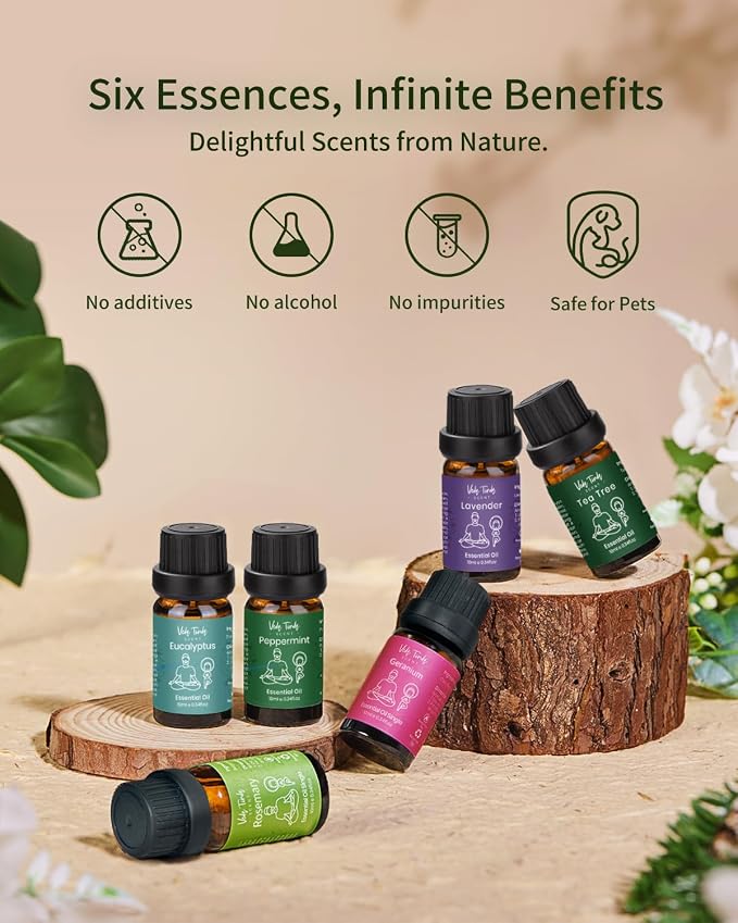 VTS Essential Oils Set (6 x 10ml) - Lavender, Peppermint, Eucalyptus, Tea Tree, Geranium, Rosemary, Aromatherapy Oils Gift Set for Home Diffusers, Skin & Hair Care, Soap & Candle Making, Humidifiers