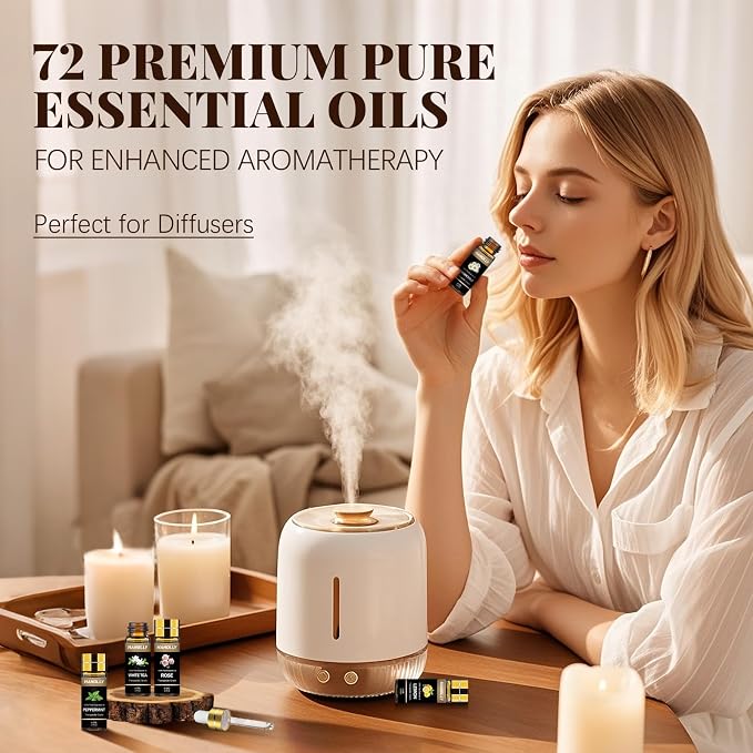 Essential Oils Set, 72 Pcs Pure Aromatherapy Essential Oil Kit, Natural Fragrance Oils for Diffuser, Humidifier, Massage, Skin & Hair Care, Soap, Candle Making, Gift Box for Men & Women(72 * 5ML)