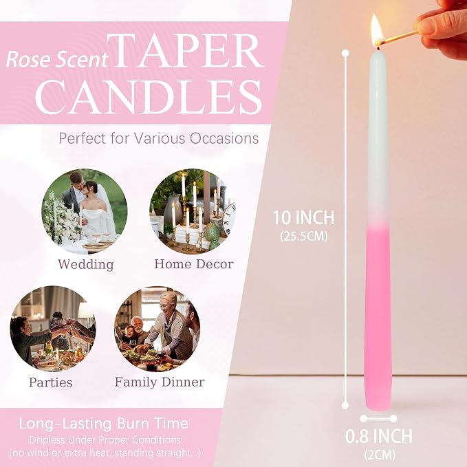 Candlesticks Long Taper Candle,Rose Scented 10 Inches Colorful Candle Sticks Smokeless Tapered Candles for Home Décor Holiday Gifts 6pcs