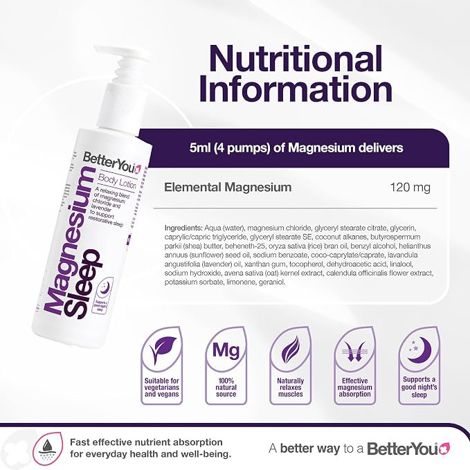 BetterYou Magnesium Sleep Body Lotion - Relaxing Body Lotion - Magnesium Body Cream with Lavender and Chamomile Blend - Sore Muscle Relief - 6.08 oz