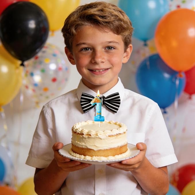 Number 1 Birthday Candle for Cake – Blue Cartoon Outfit Style with Bow Tie, Question Mark & Star Pattern – Fun Cake Topper Decoration for Celebration