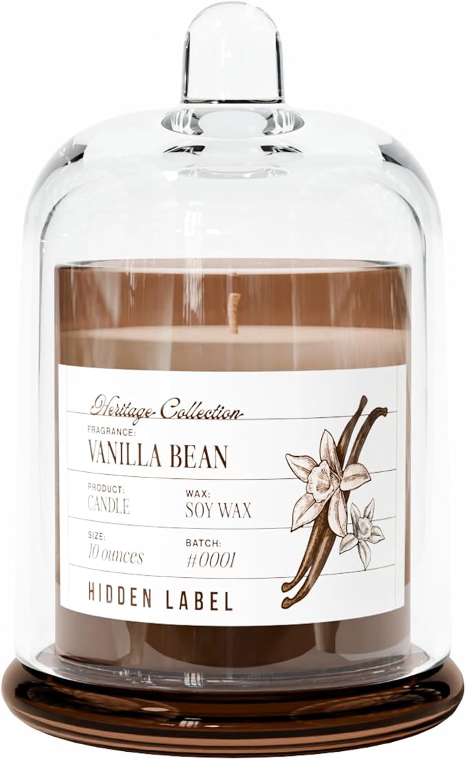 Hidden Label Vanilla Bean Scented Candle - 10oz Non Toxic Candles for Home Scented with Clear Bell Jar, Natural Soy Wax Clean Burning Aromatherapy Candle for Spa/Yoga/Meditation & Stress Relief Gifts
