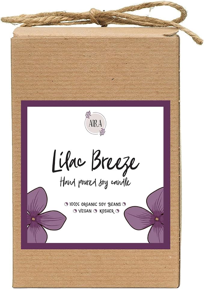 Aira Soy Candles - Organic, Kosher, Vegan, in Mason Jar w/Therapeutic Grade Essential Oils - Hand-Poured 100% Soy Candle Wax - Paraffin Free Burns 110+ Hours - Spring Candle Lilac Breeze - 16 Ounces