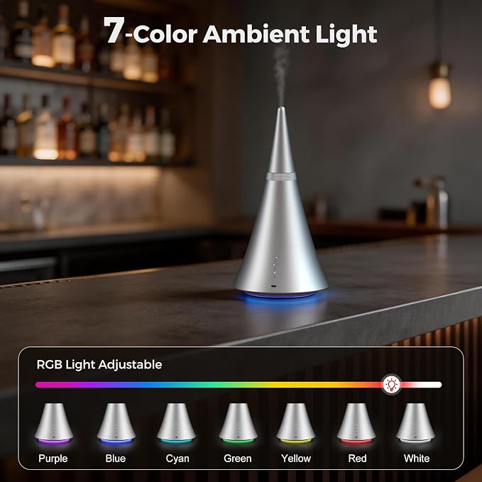 Waterless Diffuser, 2000 Sq.Ft Coverage，Essential Oil Diffuser with Bluetooth App Remote Control, Adjustable Mist Mode, Timer, Mood Lights Aromatherapy Diffuser for Home, Office, Hotel