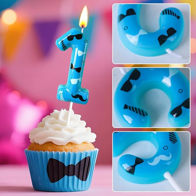 Number 1 Birthday Candle for Cake – Blue Gentleman Style with Sunglasses, Bow Tie & Mustache Design – Cool Cake Topper for Birthday Party Decoration