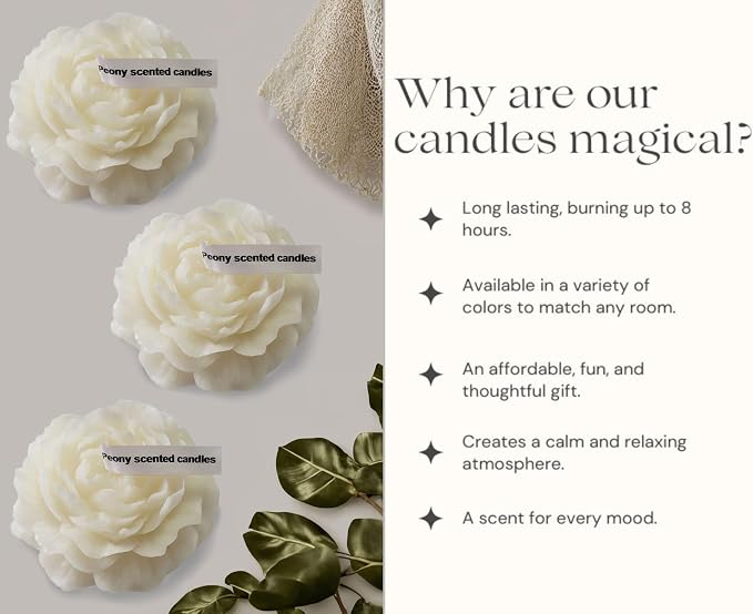 Peony Flower Shaped Candle with Scent, Soy Wax Blend Aromatherapy Candle, Gift Candle, Gifts for Women, Candles for spa, Yoga, Stress Relief, Meditation, Wedding, Home Decor, Relaxation (White)